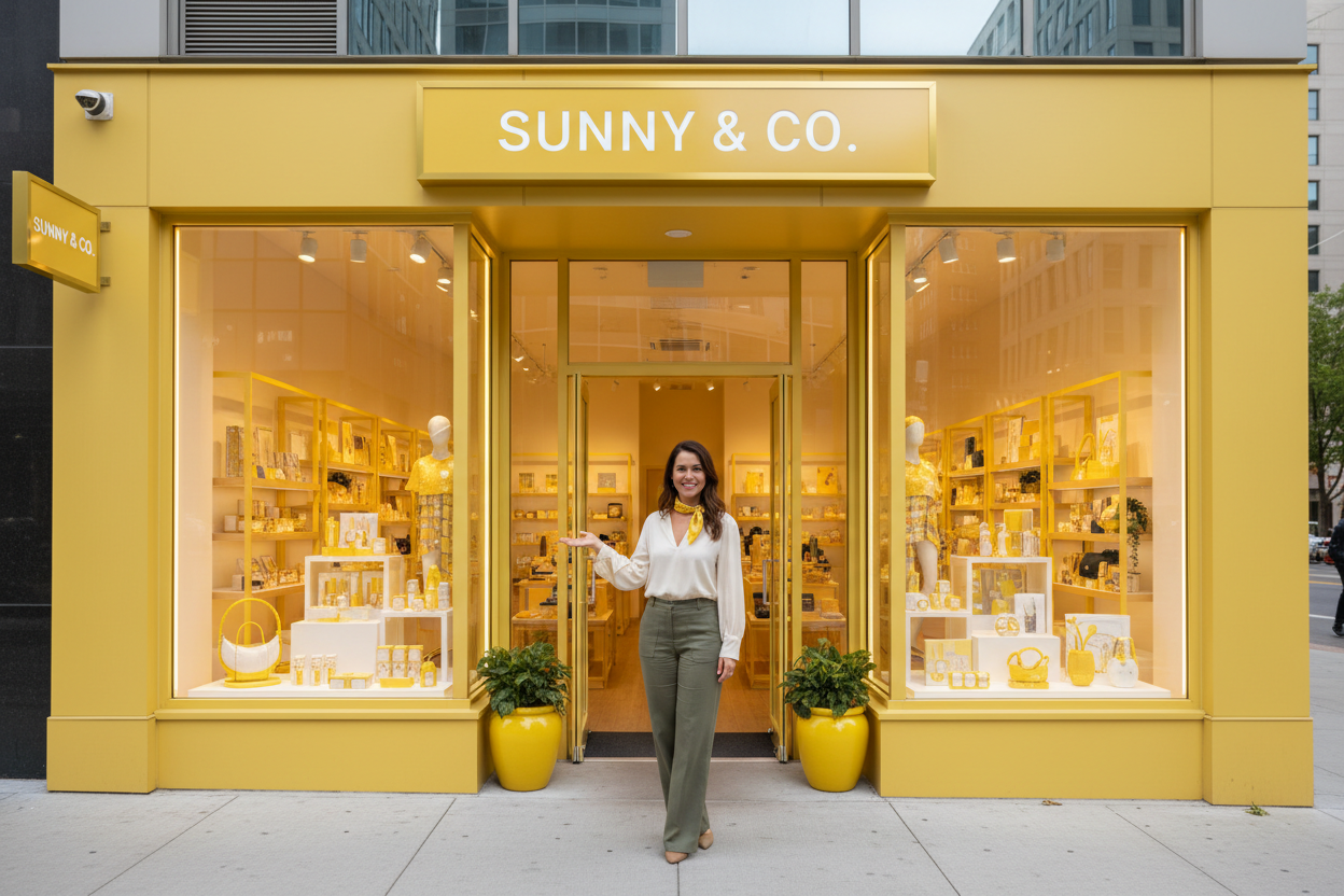 Woman and a store with yellow theme